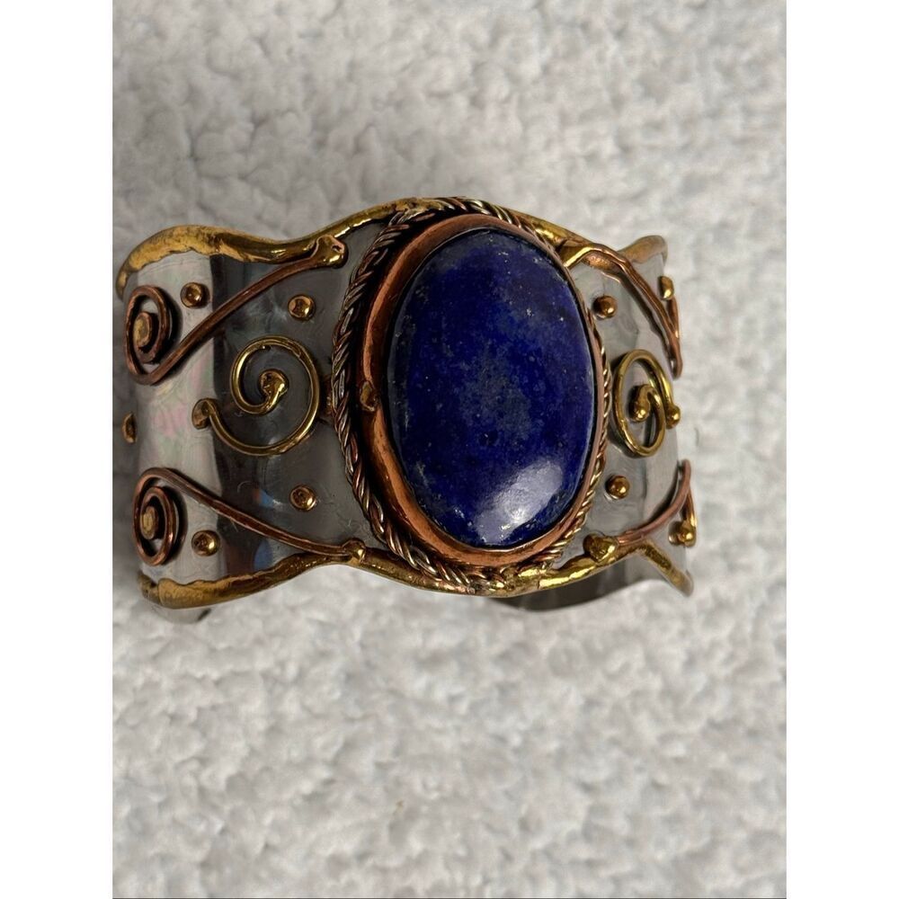 Mixed Metal Lapis Lazuli Cuff Bracelet - Picture 7 of 9